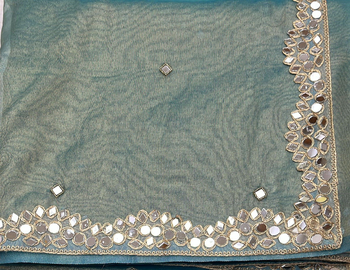 RIANITA | The Gilded Celadon Hand-Mirrored Tissue Saree