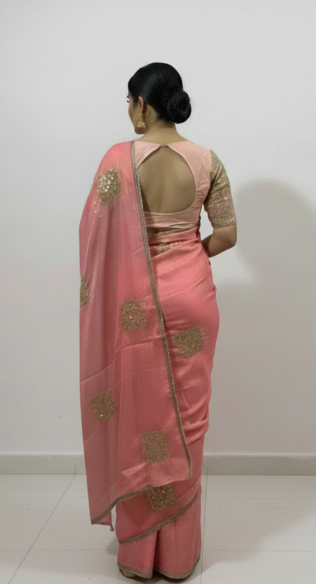Blush Peach Silk-Blend Saree with Pre-Stitched Sequin Blouse & Shimmering Sequence Work
