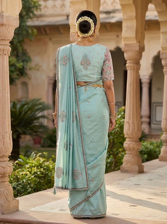 Ethereal Seafoam Silk Saree With Intricate Floral Motifs & A Pre-Stitched Blouse