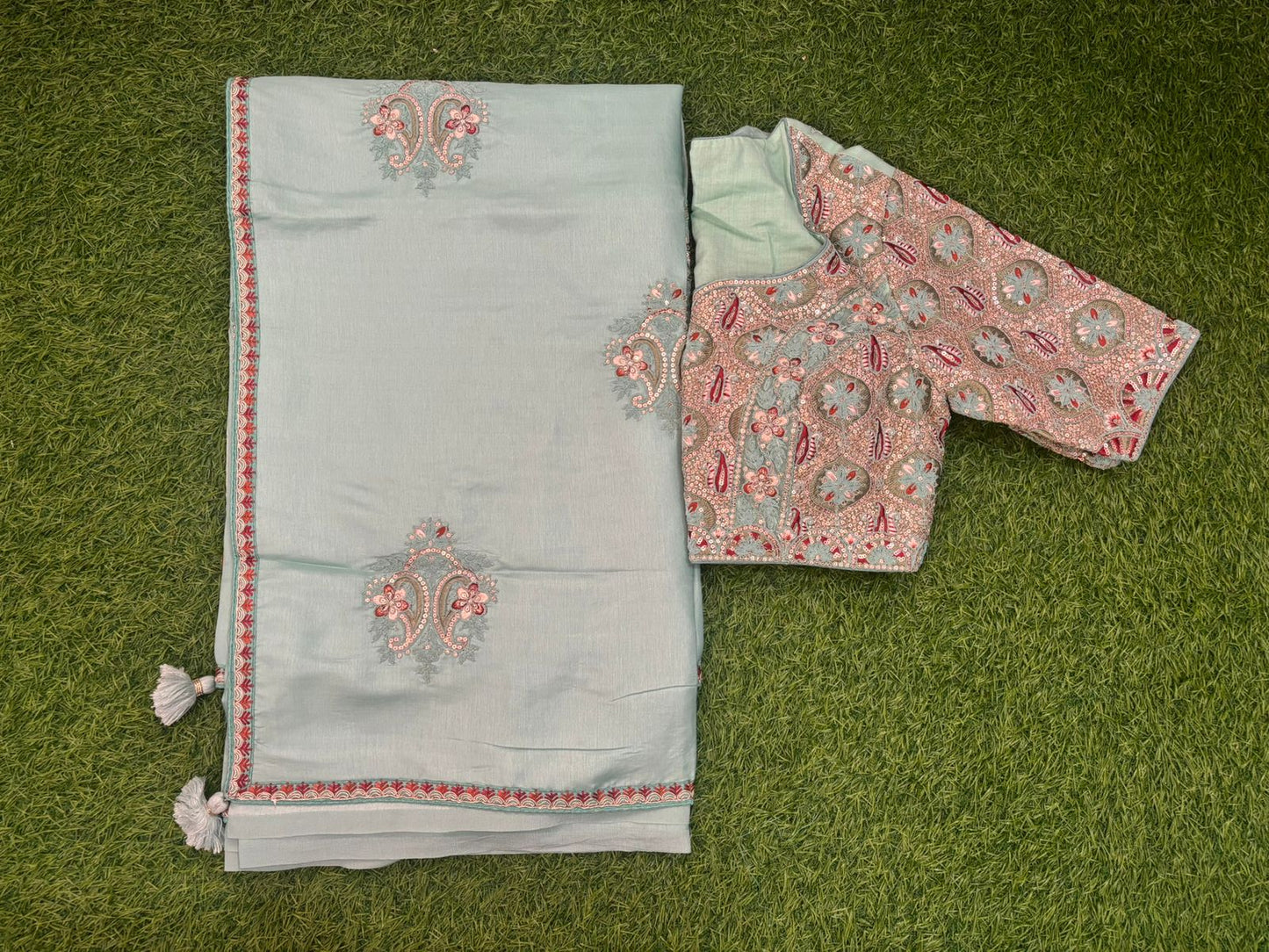 Ethereal Seafoam Silk Saree With Intricate Floral Motifs & A Pre-Stitched Blouse