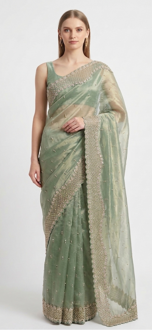 The Ethereal Emerald: Hand-Embroidered Glass Tissue Saree