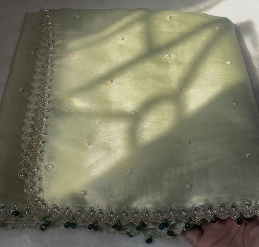 The Heritage Series: Hand-Beaded "Iridescent Greenish Gold" Glass Tissue Saree