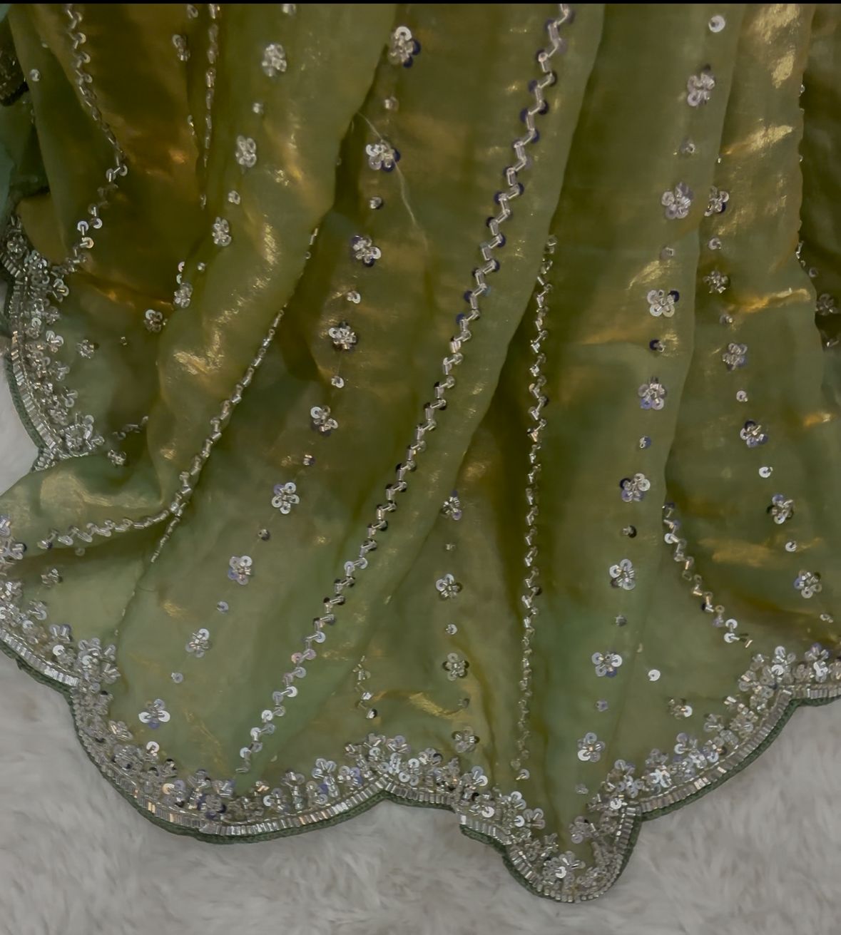 Sage Green Shimmering Space Silk Saree