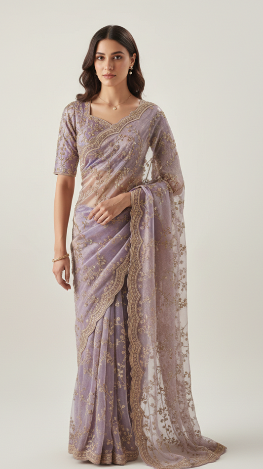 Lavender Premium Satin Organza Designer Saree