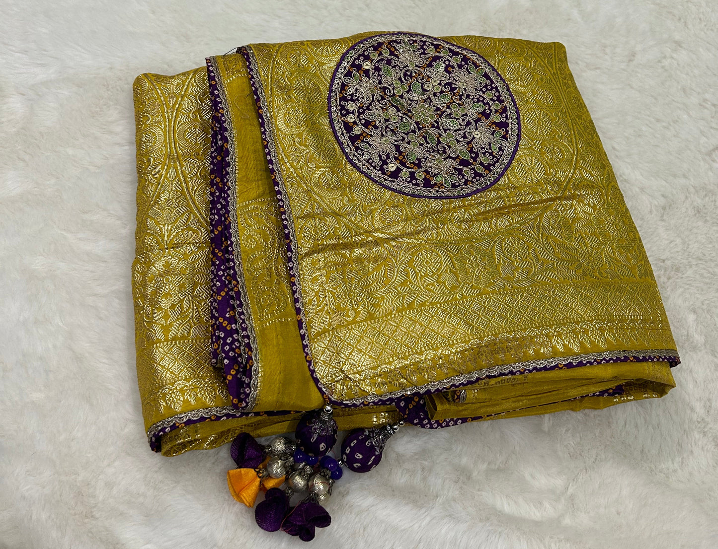 Royal Mustard Silk Saree with Hand-Embellished Bandhani Blouse