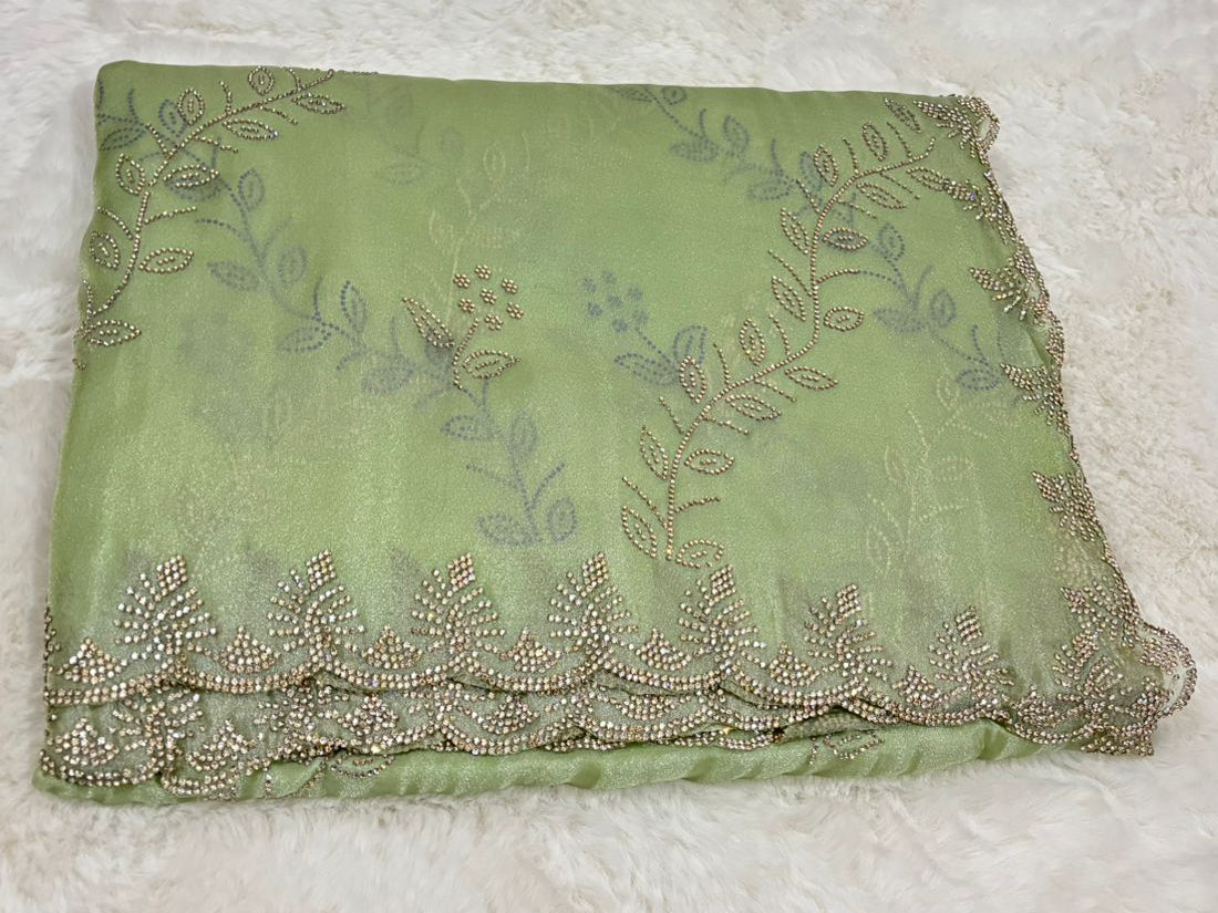 Luxury Lightweight Stone-Work Saree – Sage Green