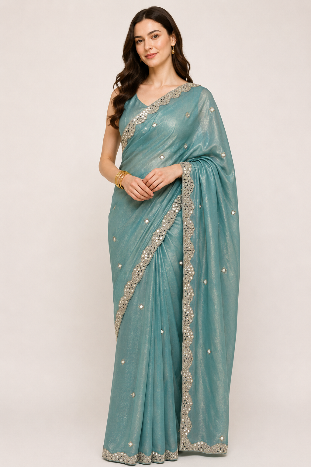 RIANITA | The Gilded Celadon Hand-Mirrored Tissue Saree