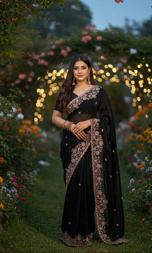 Midnight Black Grand Party Wear Space Silk Saree