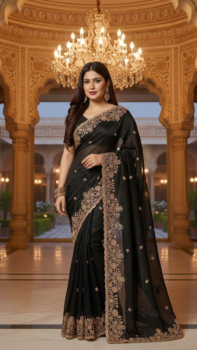 Midnight Black Grand Party Wear Space Silk Saree