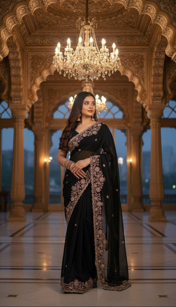 Midnight Black Grand Party Wear Space Silk Saree