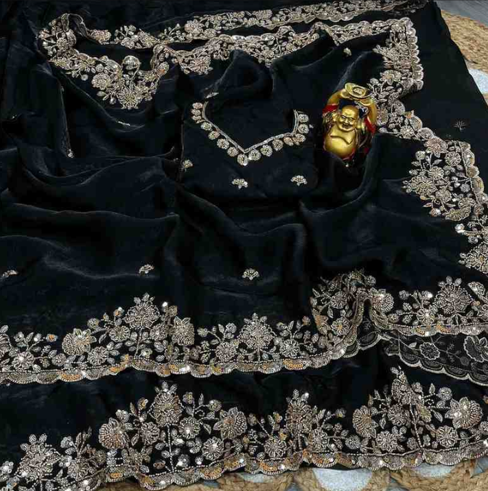 Midnight Black Grand Party Wear Space Silk Saree
