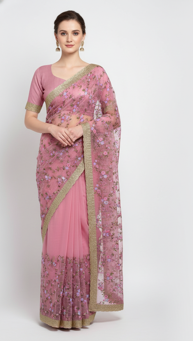 Petal-Soft "Liquid" Chiffon Silk Saree in Blush Pink