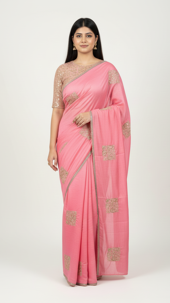 Blush Peach Silk-Blend Saree with Pre-Stitched Sequin Blouse & Shimmering Sequence Work