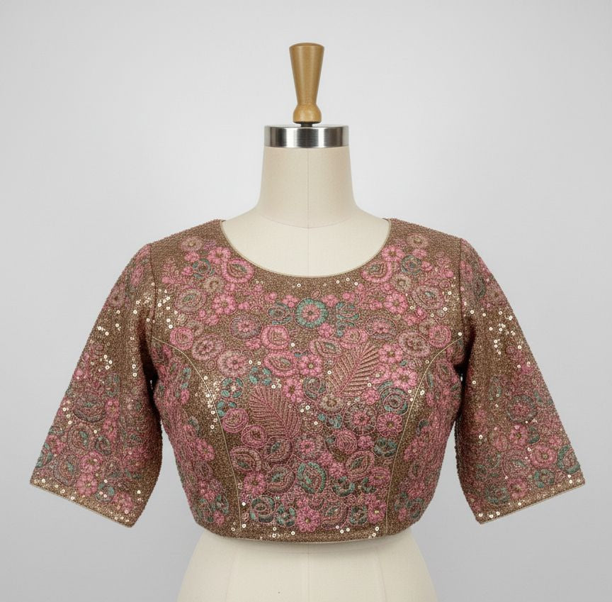Blush Peach Silk-Blend Saree with Pre-Stitched Sequin Blouse & Shimmering Sequence Work