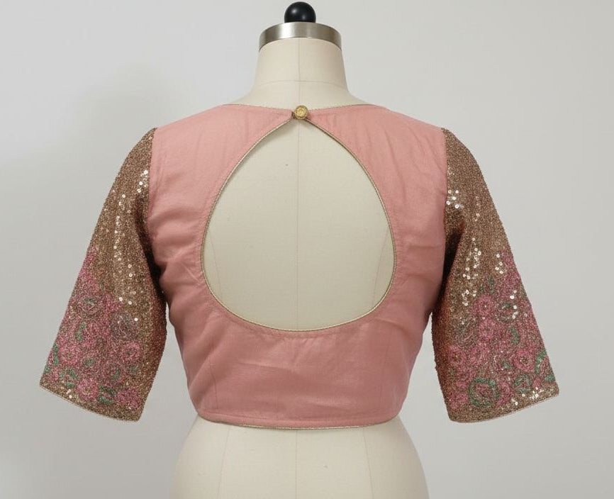Blush Peach Silk-Blend Saree with Pre-Stitched Sequin Blouse & Shimmering Sequence Work