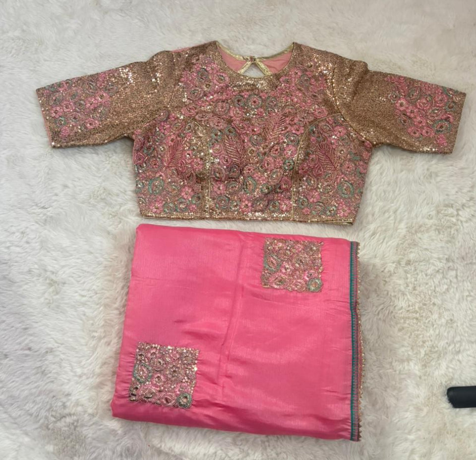 Blush Peach Silk-Blend Saree with Pre-Stitched Sequin Blouse & Shimmering Sequence Work