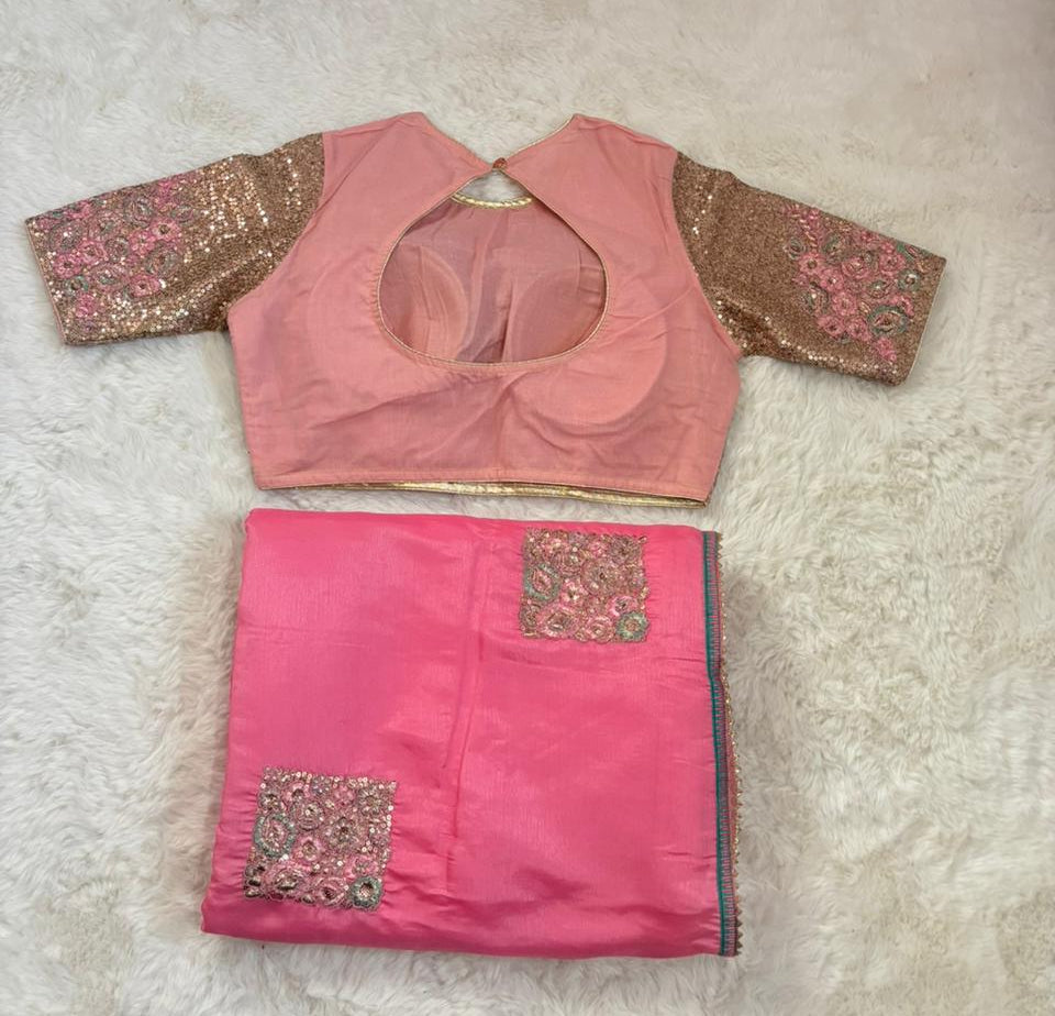 Blush Peach Silk-Blend Saree with Pre-Stitched Sequin Blouse & Shimmering Sequence Work