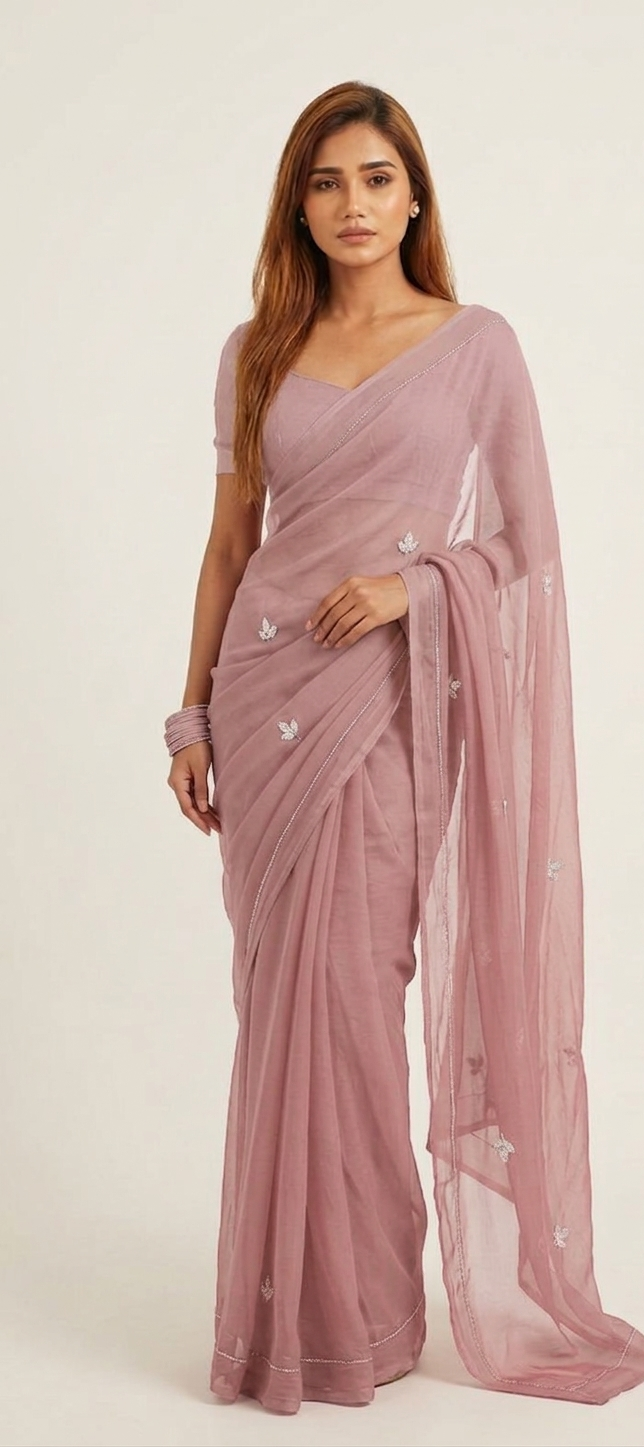 Dusty Rose Hand-Dyed Chiffon Saree