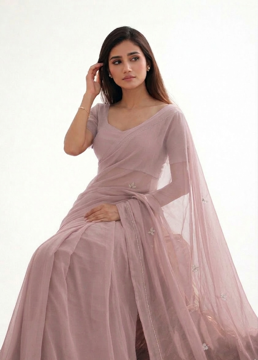 Dusty Rose Hand-Dyed Chiffon Saree