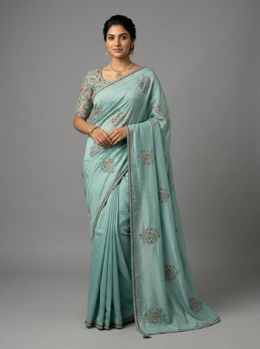 Ethereal Seafoam Silk Saree With Intricate Floral Motifs  & A Pre-Stitched Blouse