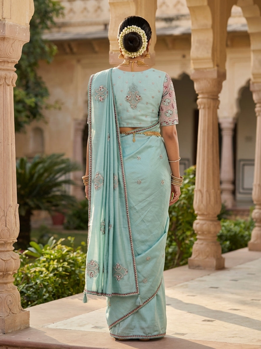 Ethereal Seafoam Silk Saree With Intricate Floral Motifs  & A Pre-Stitched Blouse