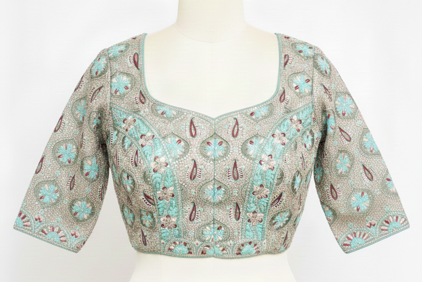 Ethereal Seafoam Silk Saree With Intricate Floral Motifs  & A Pre-Stitched Blouse