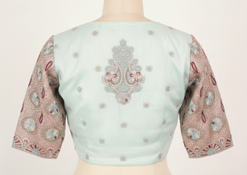 Ethereal Seafoam Silk Saree With Intricate Floral Motifs  & A Pre-Stitched Blouse