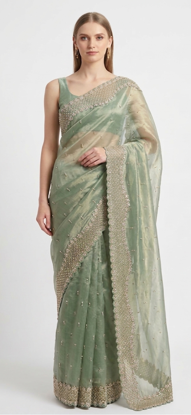 The Ethereal Emerald: Hand-Embroidered Glass Tissue Saree