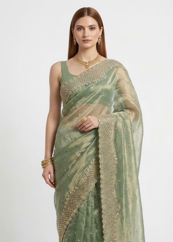 The Ethereal Emerald: Hand-Embroidered Glass Tissue Saree