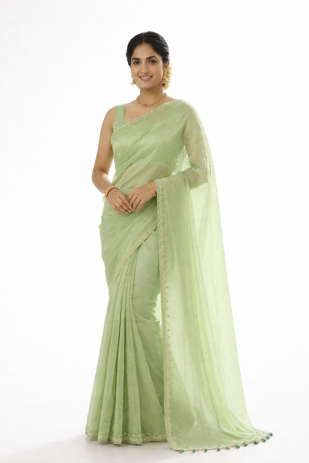 The Heritage Series: Hand-Beaded "Iridescent Greenish Gold" Glass Tissue Saree