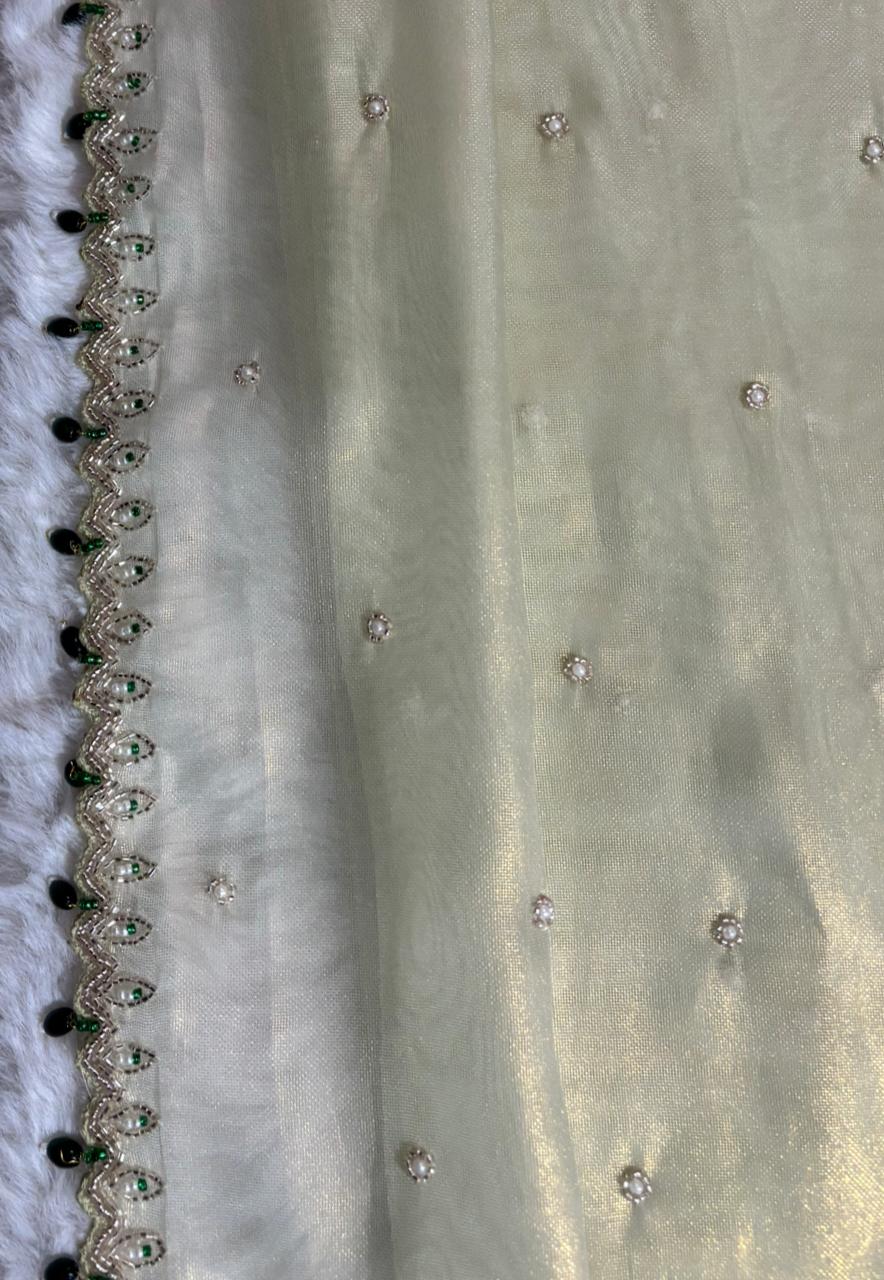 The Heritage Series: Hand-Beaded "Iridescent Greenish Gold" Glass Tissue Saree