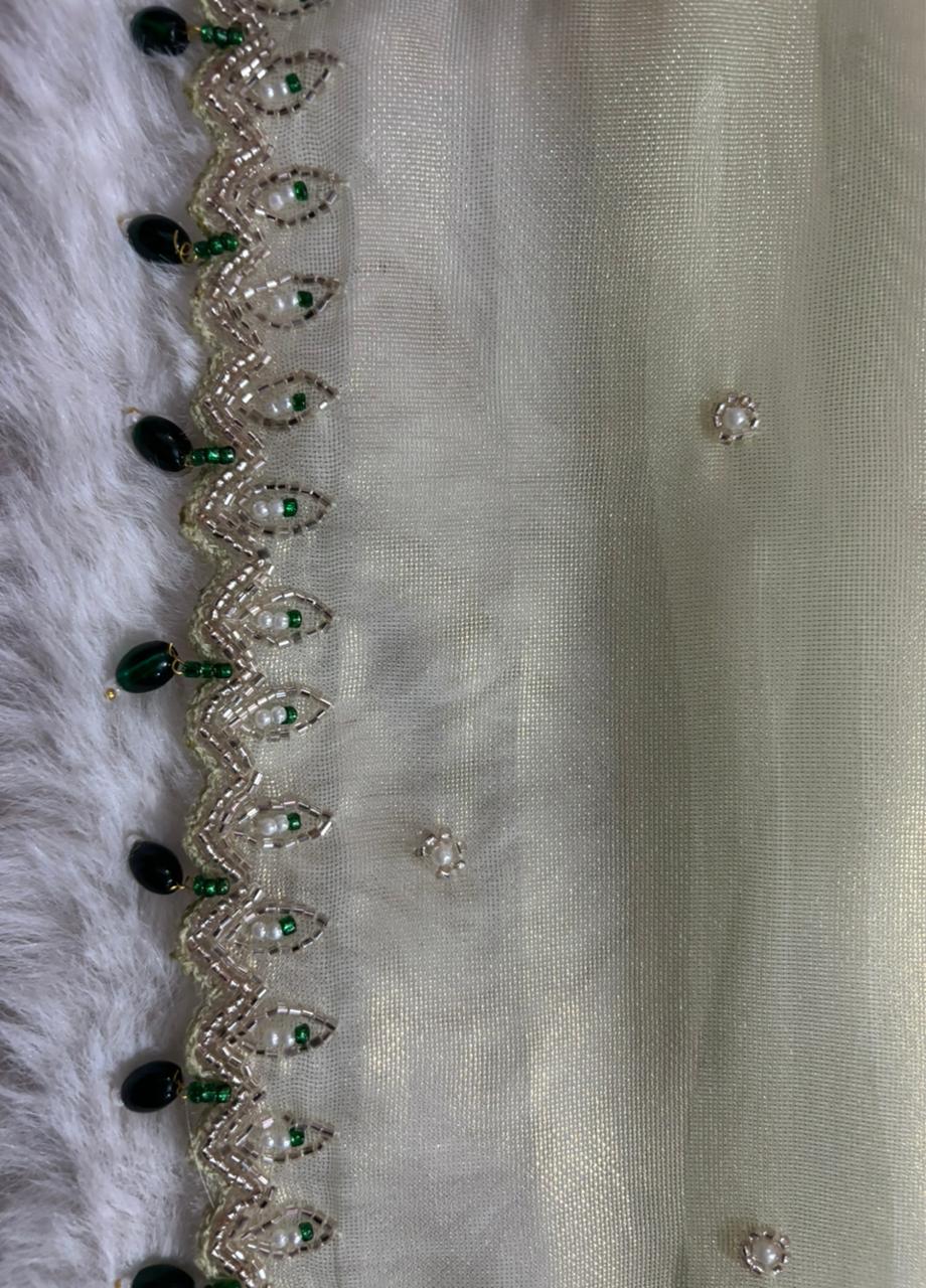 The Heritage Series: Hand-Beaded "Iridescent Greenish Gold" Glass Tissue Saree