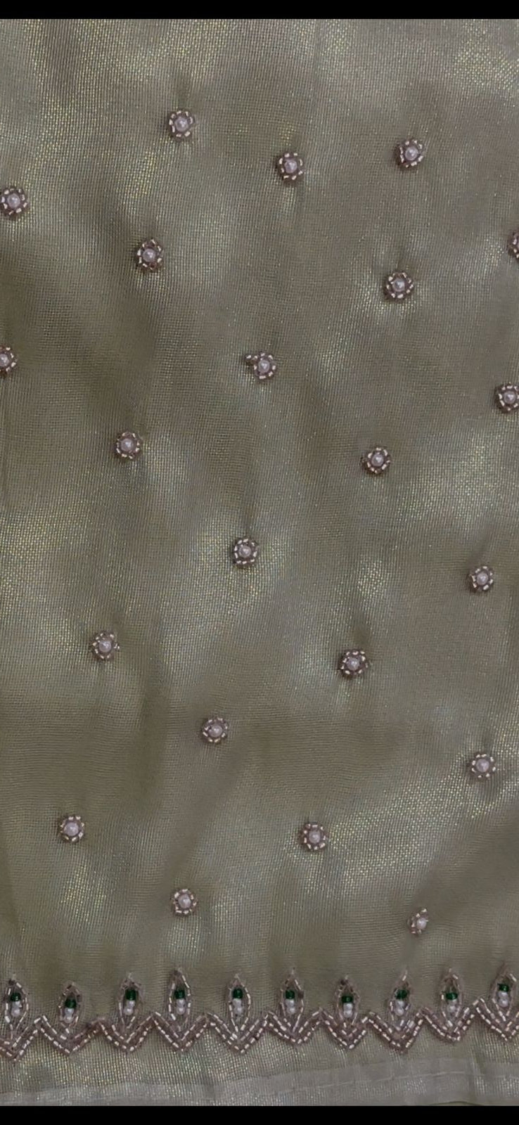 The Heritage Series: Hand-Beaded "Iridescent Greenish Gold" Glass Tissue Saree