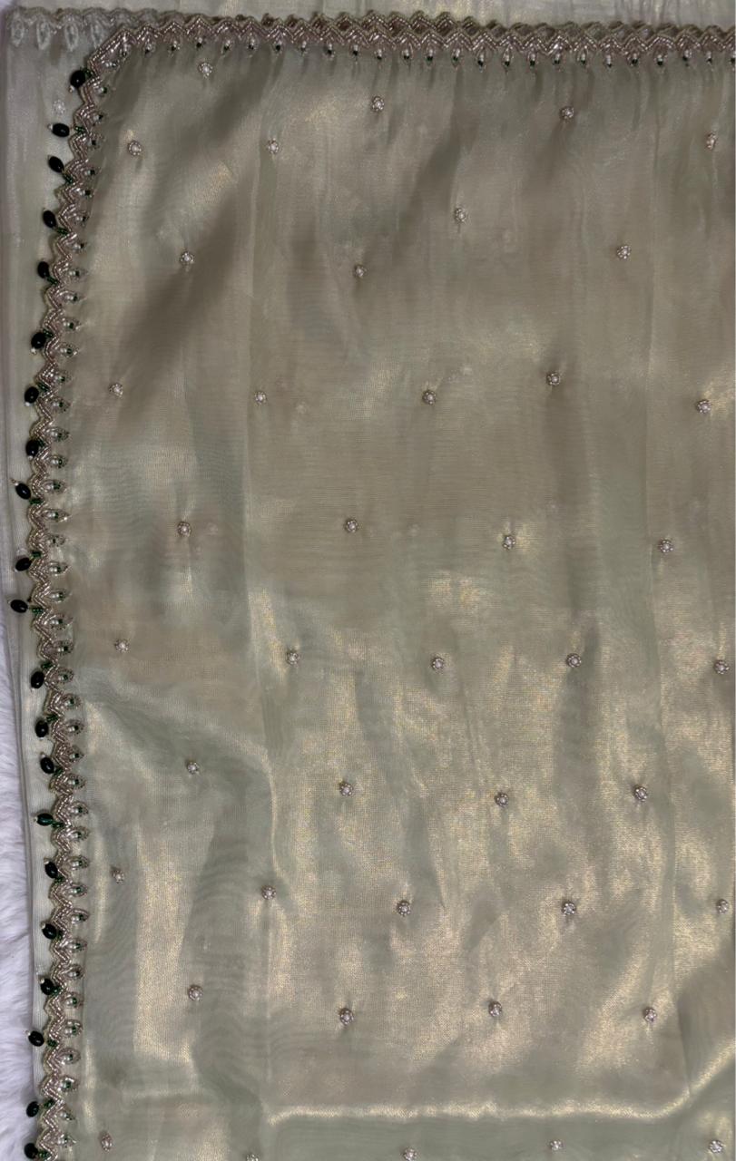 The Heritage Series: Hand-Beaded "Iridescent Greenish Gold" Glass Tissue Saree