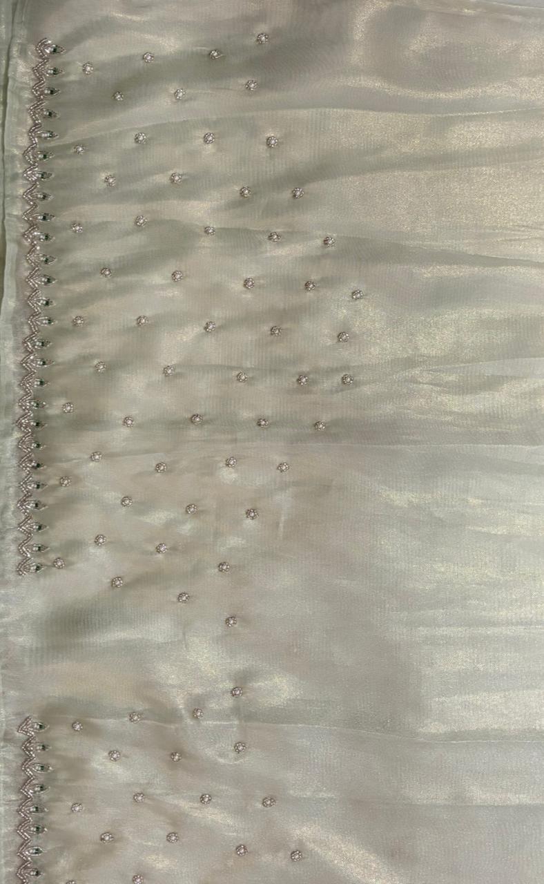 The Heritage Series: Hand-Beaded "Iridescent Greenish Gold" Glass Tissue Saree