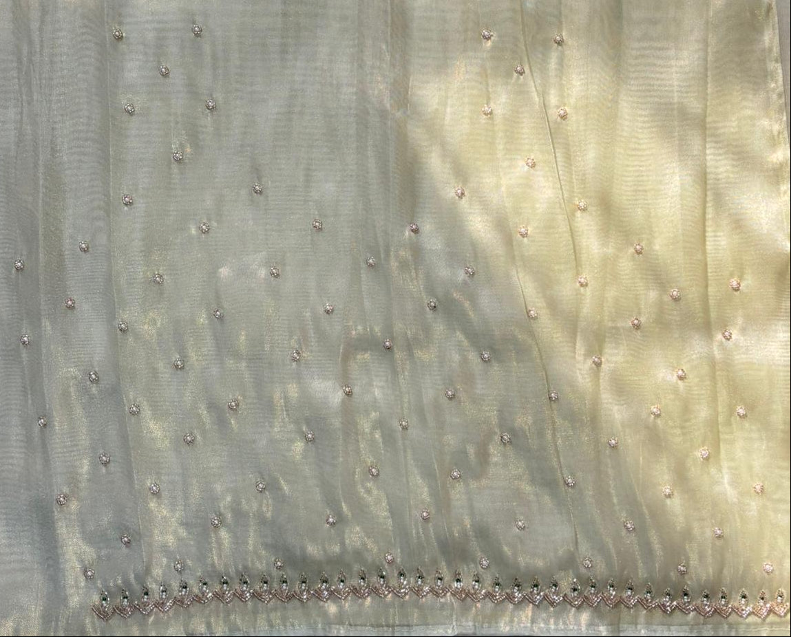 The Heritage Series: Hand-Beaded "Iridescent Greenish Gold" Glass Tissue Saree