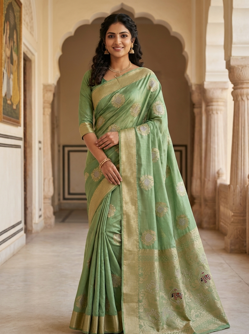 Sage Green Silk Saree with Elephant Zardozi