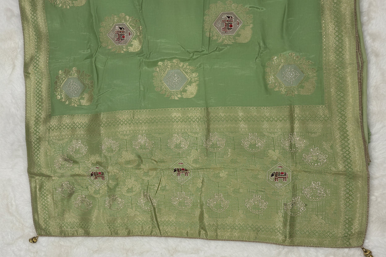 Sage Green Silk Saree with Elephant Zardozi