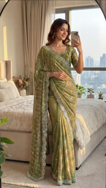 Sage Green Shimmering Space Silk Saree