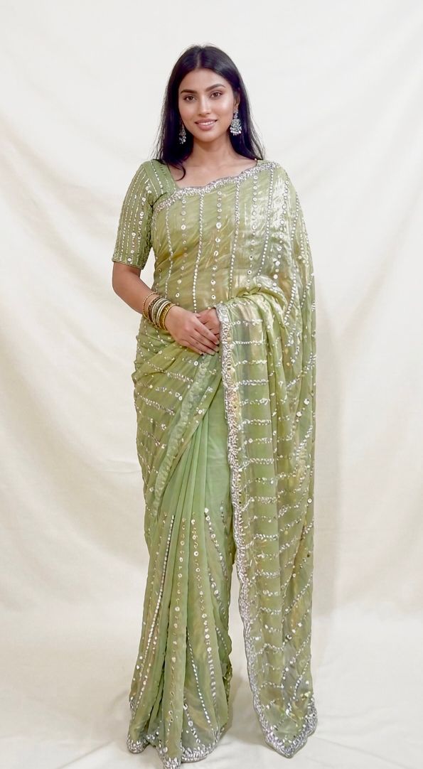 Sage Green Shimmering Space Silk Saree