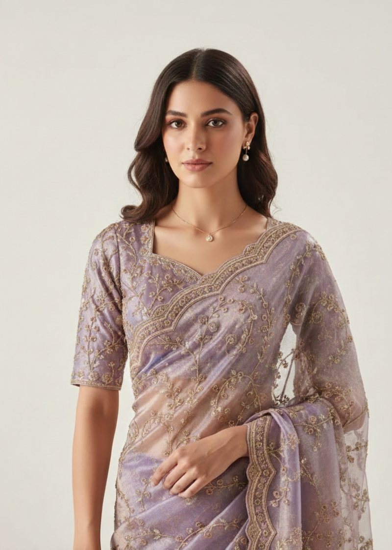 Lavender Premium Satin Organza Designer Saree