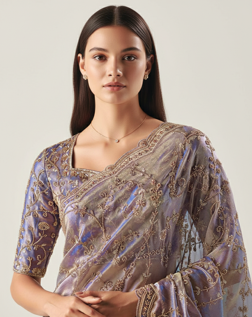 Lavender Premium Satin Organza Designer Saree