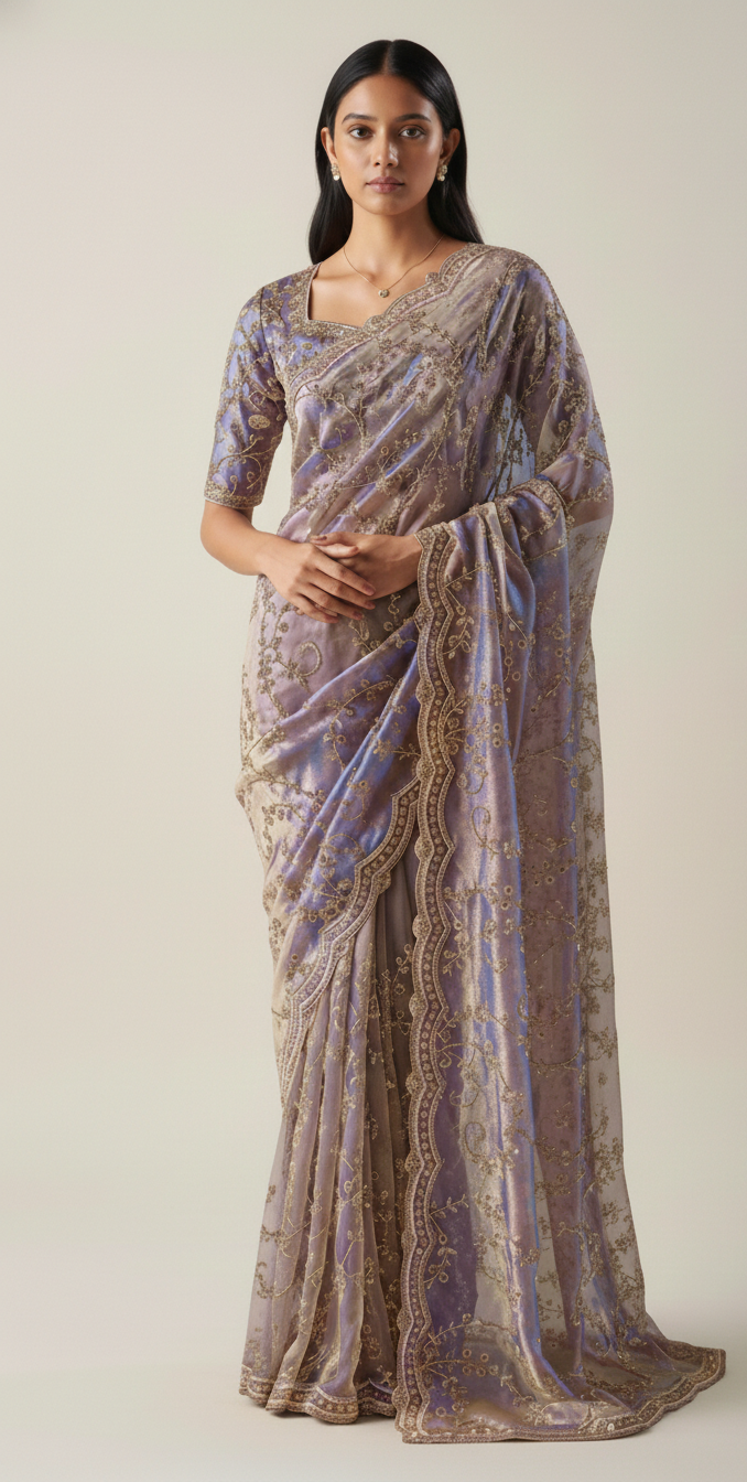 Lavender Premium Satin Organza Designer Saree
