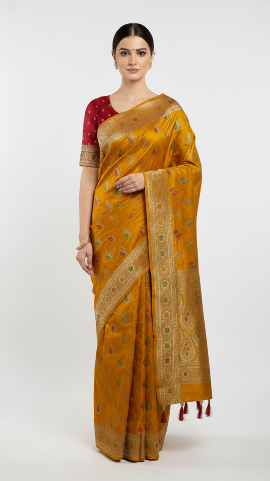 Mustard Gold & Crimson Red Banarasi Silk Saree