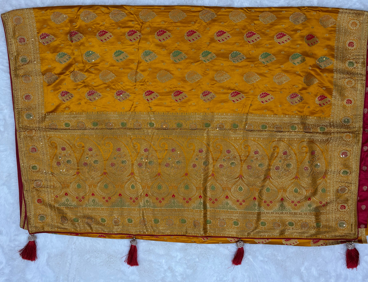 Mustard Gold & Crimson Red Banarasi Silk Saree