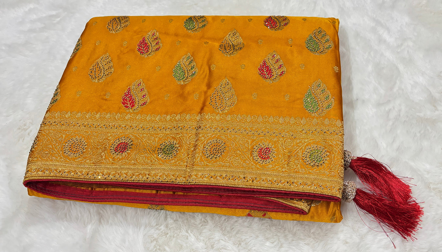 Mustard Gold & Crimson Red Banarasi Silk Saree