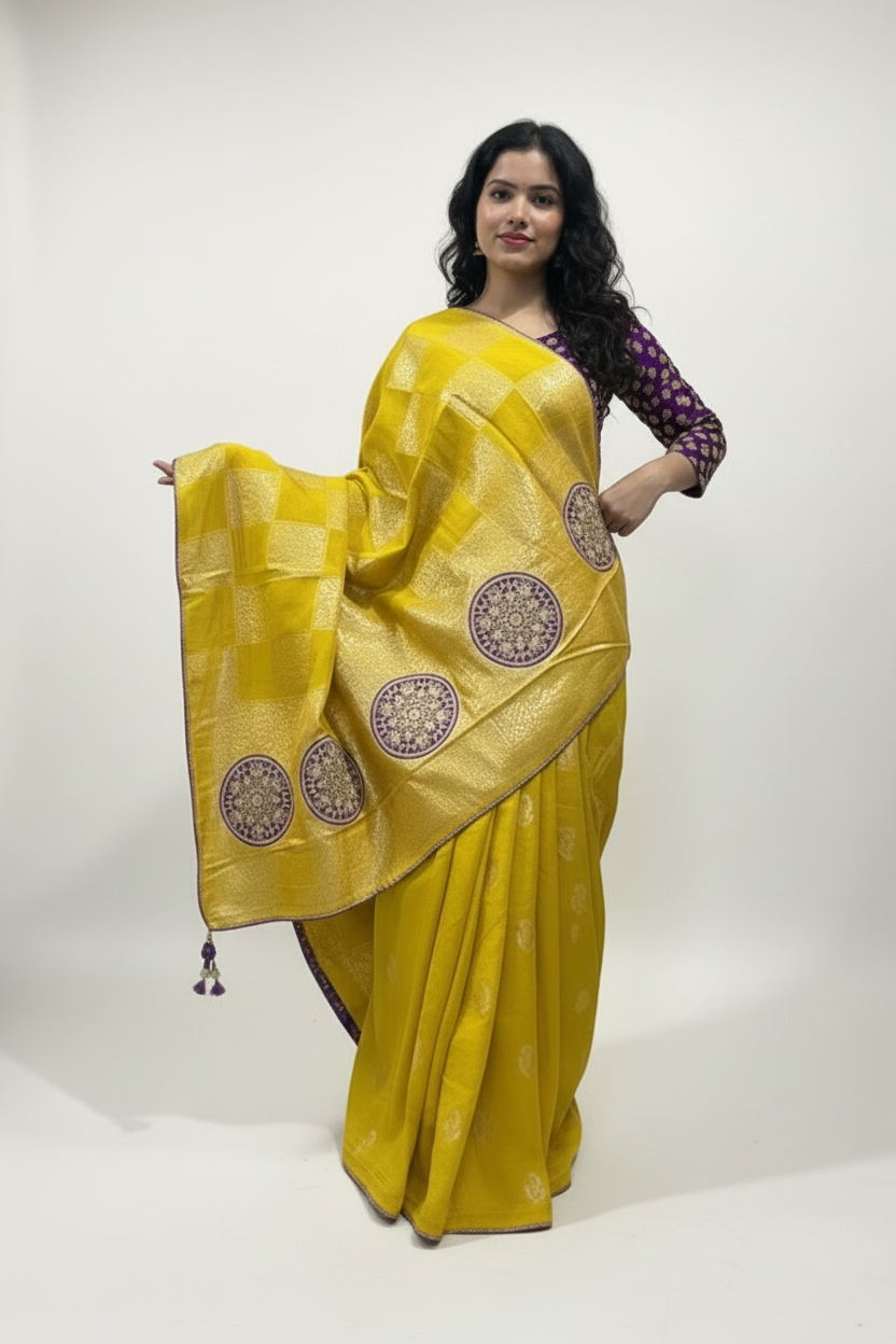 Royal Mustard Silk Saree with Hand-Embellished Bandhani Blouse