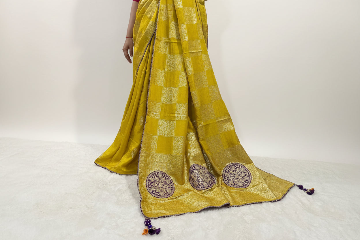 Royal Mustard Silk Saree with Hand-Embellished Bandhani Blouse