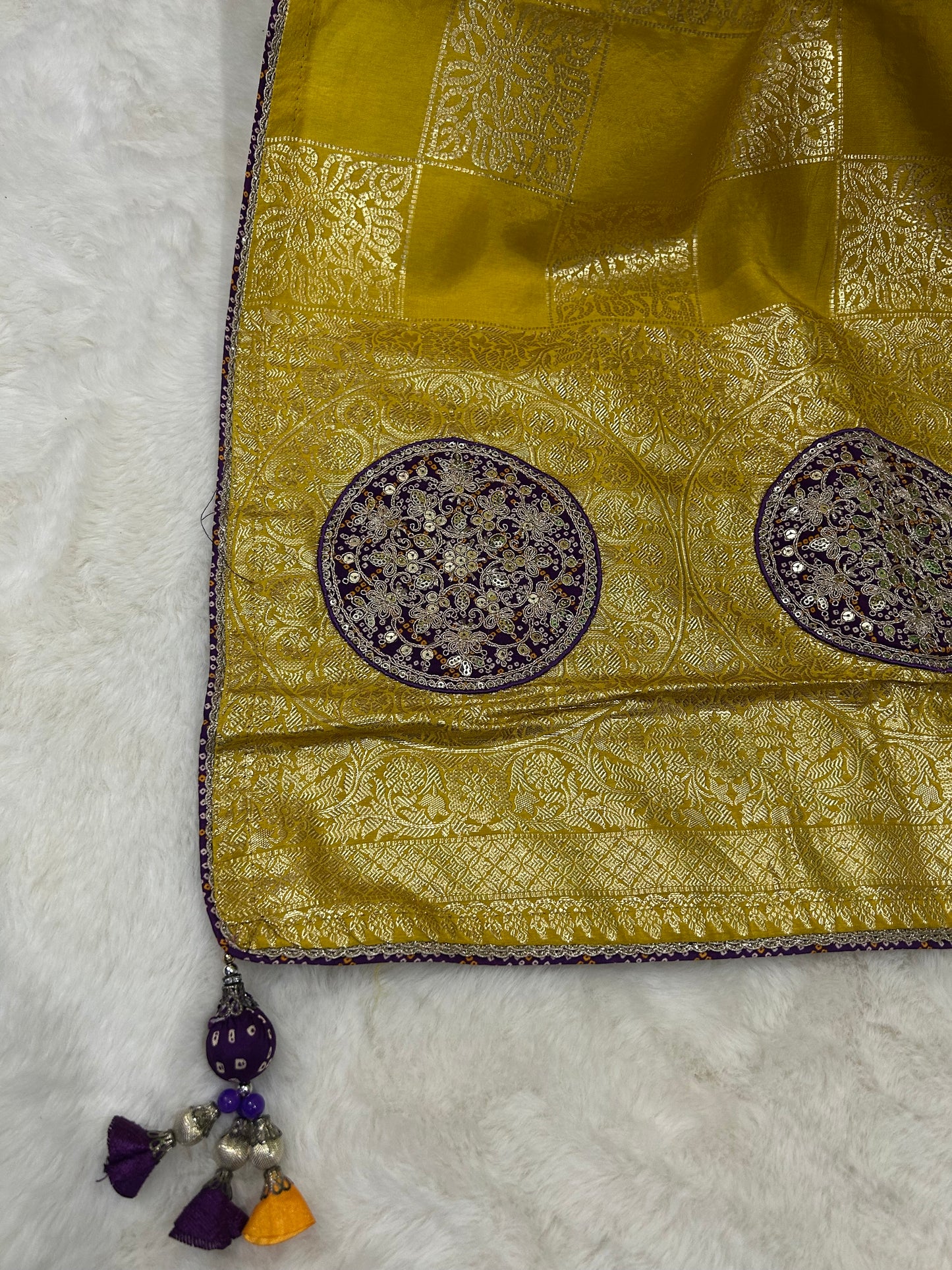 Royal Mustard Silk Saree with Hand-Embellished Bandhani Blouse