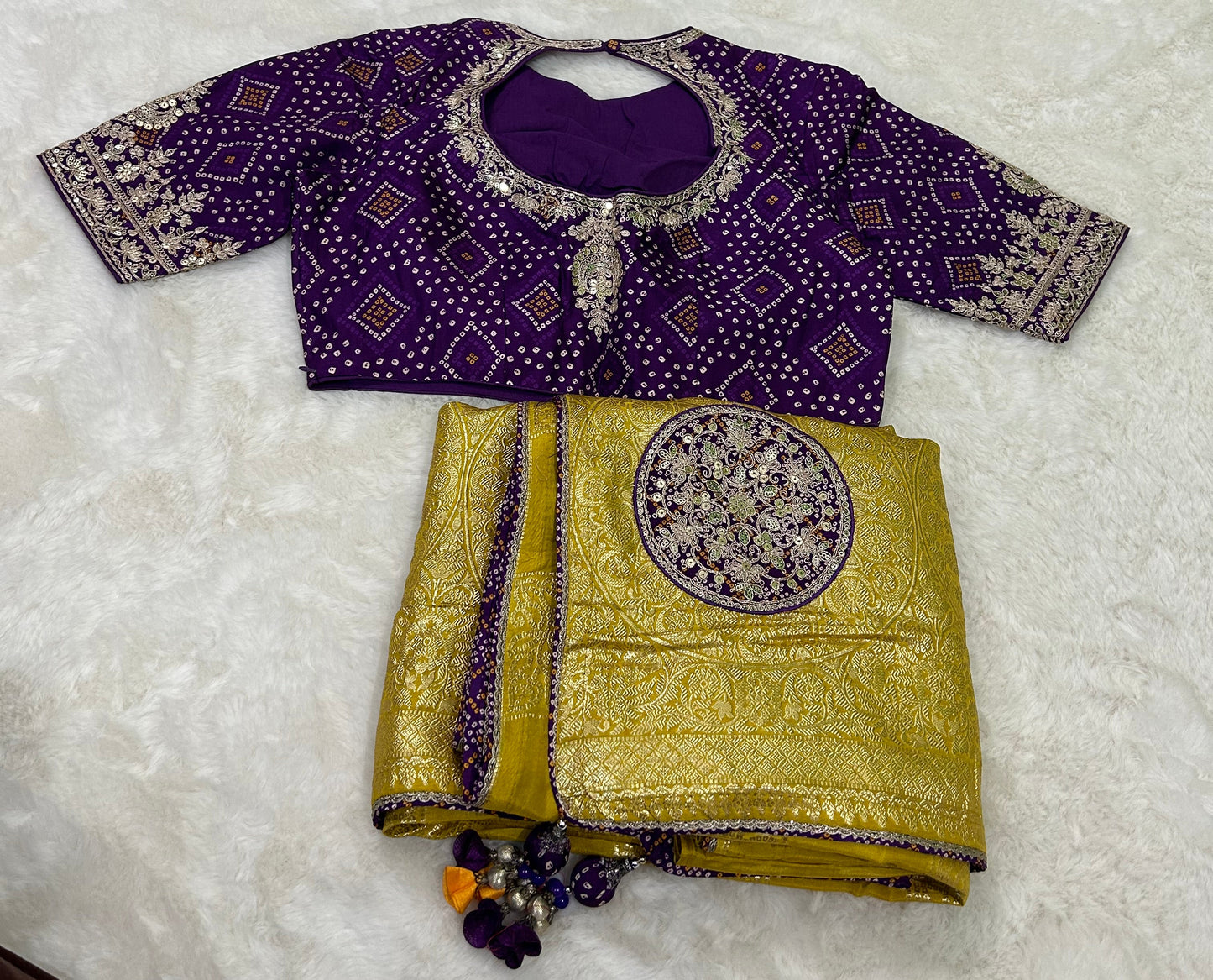 Royal Mustard Silk Saree with Hand-Embellished Bandhani Blouse